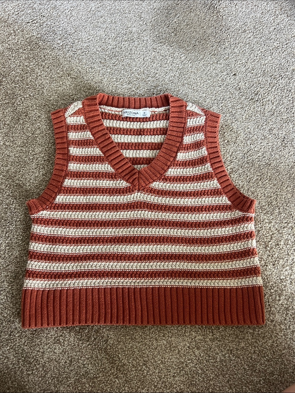 Arizona Jean Company Rust and Cream Striped V-Neck Sweater Vest